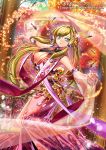  1girl blonde_hair breasts cleavage company_name copyright_name detached_sleeves dragonfly green_eyes hair_ornament hair_tubes long_hair looking_at_viewer official_art original pop_kyun see-through solo tenka_touitsu_chronicle watermark 