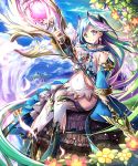  1girl blue_eyes flower gradient_hair hair_ornament highres holding long_hair looking_at_viewer multicolored_hair original shingoku_no_valhalla_gate sho_(runatic_moon) side_ponytail sitting smile solo staff 