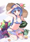  1girl :d alternate_costume arm_up armpits bikini blue_bikini blue_hair blush bracelet breasts cleavage food frilled_bikini frills fringe fruit hat hinanawi_tenshi jewelry long_hair looking_at_viewer navel o-ring_bottom open_mouth partially_submerged peach puuakachan red_eyes revision sandals sitting sketch small_breasts smile solo straw_hat swimsuit touhou wariza watermelon 