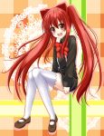  1girl :d highres long_hair looking_at_viewer open_mouth quiz_magic_academy red_eyes redhead school_uniform shoes sitting smile sogaya solo thigh-highs twintails white_legwear zettai_ryouiki 