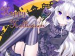  1girl candy frills garter_straps gothic_lolita hairband halloween happy_halloween heterochromia holding lolita_fashion lolita_hairband lollipop long_hair looking_at_viewer no_panties original silver_hair solo striped striped_legwear text tsukikage_nemu 