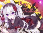  1girl ahoge animal_ears bunny_tail candy frills gothic_lolita hairband halloween happy_halloween holding lolita_fashion lolita_hairband lollipop long_hair looking_at_viewer lying on_stomach original rabbit_ears silver_hair solo striped striped_legwear tail text thigh-highs tsukikage_nemu violet_eyes zettai_ryouiki 