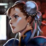  1girl brown_eyes brown_hair bun_cover chinese_clothes chun-li double_bun earrings face jewelry lejean lips nose short_hair solo street_fighter 