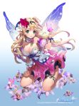  arm_garter bare_shoulders barefoot breasts butterfly cleavage copyright_name dress fairy_wings flower hair_flower hair_ornament kneeling large_breasts official_art parted_lips pointy_ears soccer_spirits tob wings 