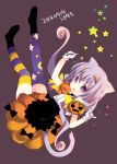  1girl :d \m/ animal_ears asymmetrical_legwear cat_ears cat_tail dated detached_sleeves gloves hair_ornament hairclip holding long_hair looking_at_viewer open_mouth original purple_hair smile solo tail thigh-highs tokumi_yuiko violet_eyes wand white_gloves zettai_ryouiki 