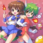  2girls arle_nadja blue_skirt blush brown_eyes brown_hair china_dress chinese_clothes draco_centauros elbow_gloves fire gloves green_hair half_updo horns kurogarasu locked_arms madou_monogatari multiple_girls pink_background puyo_(puyopuyo) puyopuyo shirt short_hair skirt smile white_gloves yellow_eyes 