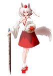  1girl animal_ears bare_shoulders black2929 breasts detached_sleeves geta hat highres inubashiri_momiji looking_at_viewer pom_pom_(clothes) red_eyes shield short_hair sideboob silver_hair simple_background solo sword tail tokin_hat touhou weapon white_background wolf_ears wolf_tail 