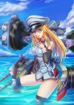  1girl absurdres bismarck_(kantai_collection) black_panties blonde_hair blue_eyes blue_sky cannon clouds detached_sleeves hat highres impossible_clothes kantai_collection long_hair machinery mecha_musume military military_hat military_uniform ocean panties peaked_cap sky smarms solo thighs turret underwear uniform wading 