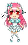  1girl blush breasts chibi headphones highres large_breasts long_hair looking_at_viewer microphone musical_note nitroplus open_mouth pink_hair red_eyes smile solo spoken_musical_note super_sonico thigh-highs 