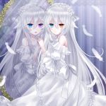  2girls bare_shoulders collarbone detached_sleeves dress dual_persona feathers hairband heterochromia lolita_hairband long_hair looking_at_viewer mirror multiple_girls open_mouth original reflection silver_hair tsukikage_nemu white_dress 