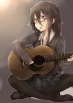  1girl black_eyes black_hair black_legwear guitar highres hiiragi_yashiro holding instrument looking_at_viewer open_mouth original pantyhose playing_instrument pleated_skirt plectrum school_uniform sitting skirt solo 