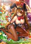  1girl animal_ears breasts brown_hair bunnysuit card casino cleavage company_name copyright_name fake_animal_ears female holding long_hair looking_at_viewer official_art original playing_card pop_kyun rabbit_ears red_eyes sitting solo tenka_touitsu_chronicle watermark 