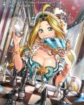  1girl :3 ahoge blonde_hair board_game breasts chess chess_piece cleavage fan folding_fan green_eyes hat holding long_hair looking_at_viewer official_art original pop_kyun smile solo tenkuu_no_crystalia watermark web_address 