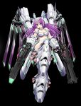  1girl akiran_(r32) beam_rifle breasts cleavage dual_wielding energy_gun headgear huge_weapon mecha_musume mechanical_wings midriff nail_polish neon_trim original purple_hair purple_nails red_eyes solo thrusters weapon wings 