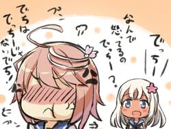  2girls anger_vein bare_shoulders blonde_hair blue_eyes blush engiyoshi i-58_(kantai_collection) kantai_collection multiple_girls open_mouth ro-500_(kantai_collection) smile translated u-511_(kantai_collection) 