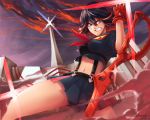  1girl arnat_chintanont artist_name bared_teeth black_hair blue_eyes breasts dated fang glowing honnouji_gakuen kill_la_kill matoi_ryuuko midriff multicolored_hair navel planted_weapon pleated_skirt redhead school_uniform scissor_blade senketsu serafuku skirt solo sparkle suspenders thighs two-tone_hair weapon 