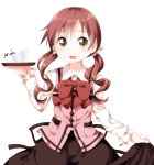  1girl :d brown_eyes brown_hair cup gochuumon_wa_usagi_desuka? long_hair looking_at_viewer low_twintails natsu_megumi open_mouth rakugakiyarou smile solo teacup twintails waitress 