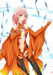  1girl absurdres bare_shoulders black_legwear breasts center_opening cleavage detached_sleeves elbow_gloves fingerless_gloves gloves guilty_crown hair_ornament hairclip hand_on_own_chest highres long_hair looking_away navel open_mouth pink_hair red_eyes solo thigh-highs twintails yuzuriha_inori 