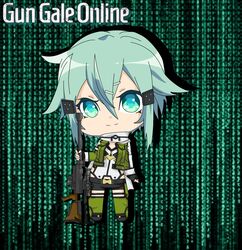  1girl aqua_hair chibi fingerless_gloves gloves gun rifle shinon_(sao) short_hair sword_art_online weapon 