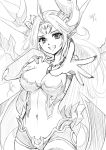  1girl ahoge breasts cleavage collarbone demon_girl demon_horns demon_tail demon_wings elbow_gloves fingernails gloves grin hera-is_(p&amp;d) hera_(p&amp;d) highres horns jewelry kogeniku large_breasts long_hair looking_at_viewer low_wings monochrome multiple_wings navel navel_piercing necklace outstretched_arm outstretched_hand piercing puzzle_&amp;_dragons sharp_fingernails simple_background sketch smile solo tail white_background wings 