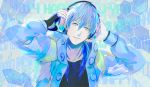  1boy blue_hair dramatical_murder headphones jacket long_hair male mjo seragaki_aoba single_glove smile solo 