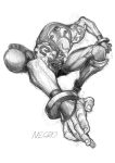  bald character_name graphite_(medium) greyscale highres jumping long_nose monochrome muscle necro_(street_fighter) solo street_fighter street_fighter_iii tattoo traditional_media yoshihara_motoki 