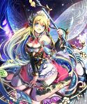 1girl :d blonde_hair blue_eyes braid breasts butterfly_wings cleavage hair_ornament highres holding long_hair looking_at_viewer open_mouth original shingoku_no_valhalla_gate sho_(runatic_moon) sitting smile solo staff twin_braids wings 