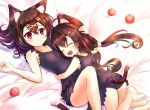  2girls animal_ears apple barefoot black_hair cat_ears food frills fruit hug multiple_girls nontraditional_school_swimsuit original red_eyes sakura_ani school_swimsuit swimsuit tail 