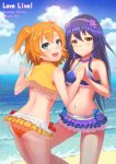  2girls bikini black_hair blue_eyes frilled_bikini frills hairband kousaka_honoka long_hair love_live!_school_idol_project multiple_girls orange_eyes orange_hair side_ponytail sonoda_umi swimsuit yi_l_chen_5 