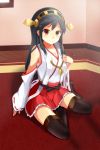  1girl black_hair breasts brown_eyes cleavage detached_sleeves hairband haruna_(kantai_collection) highres kantai_collection long_hair looking_at_viewer nontraditional_miko pleated_skirt sitting skirt solo warirui 