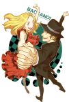  1boy 1girl baccano! blonde_hair blue_eyes brown_hair chiyo_(qiandai) copyright_name dancing dress formal hat isaac_dian long_hair miria_harvent short_hair smile suit 