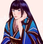  1girl black_hair blue_eyes chin_rest expressionless female japanese_clothes kill_la_kill kimono kiryuuin_satsuki lips long_hair looking_at_viewer ma2 solo 