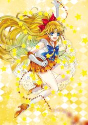  1girl aino_minako argyle argyle_background bishoujo_senshi_sailor_moon blonde_hair blue_eyes bow brooch choker colored_eyelashes elbow_gloves gloves hair_bow half_updo high_heels jewelry long_hair magical_girl orange_skirt pleated_skirt ribbon sailor_venus shoes skirt smile solo star tiara tsuna2727 white_gloves yellow_background 