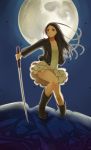  1girl absurdres black_hair boots dress full_moon highres jacket katana kisaragi_n moon original red_eyes solo sword thighs weapon 