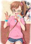  1girl bracelet brown_eyes brown_hair crepe eating food food_on_face fruit fuku_d futami_mami glasses idolmaster jewelry looking_at_viewer one_eye_closed open_mouth side_ponytail solo strawberry sunglasses v 