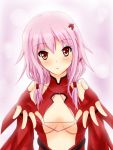  1girl bare_shoulders breasts cat&#039;s_cradle center_opening cleavage detached_sleeves elbow_gloves fingerless_gloves folko gloves guilty_crown hair_ornament hairclip head_tilt heart long_hair looking_at_viewer navel open_mouth outstretched_arms pink_hair red_eyes solo twintails yuzuriha_inori 