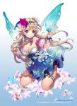  arm_garter bare_shoulders barefoot breasts butterfly cleavage copyright_name dress fairy_wings flower hair_flower hair_ornament kneeling large_breasts official_art parted_lips pointy_ears soccer_spirits tob wings 