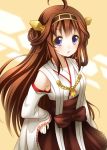  1girl ahoge bare_shoulders brown_hair camomilehus commentary detached_sleeves headgear highres kantai_collection kongou_(kantai_collection) long_hair long_sleeves looking_at_viewer nontraditional_miko open_mouth sash solo triangle_mouth very_long_hair violet_eyes 