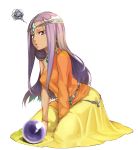  1girl bracelet crystal_ball dark_skin dragon_quest dragon_quest_iv dress jewelry leaning_forward minea necklace off_shoulder open_mouth purple_hair rosary_(pixiv) shirt sitting violet_eyes wariza 