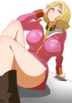  1girl blonde_hair blue_eyes boots breasts gundam highres impossible_clothes impossible_shirt large_breasts mobile_suit_gundam sakamoto_(shouten) sayla_mass short_hair solo thighs 
