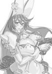  1girl blush breast_lift breasts cleavage dress earrings elphelt gloves greyscale guilty_gear gun hat huge_breasts jewelry long_hair m_hito monochrome solo trigger_discipline veil weapon 