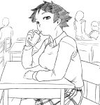  1girl breasts classroom greyscale juice_box large_breasts looking_at_viewer makoto_(street_fighter) monochrome plaid plaid_skirt school_desk school_uniform short_hair sitting skirt solo street_fighter sweater_vest tsukudani_(coke-buta) 