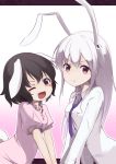 2girls animal_ears black_hair blush carrot carrot_necklace dress dress_shirt hands_together inaba_tewi jewelry letterboxed long_hair long_sleeves looking_at_viewer multiple_girls necklace necktie pendant pink_dress pleated_skirt puffy_short_sleeves puffy_sleeves purple_hair rabbit_ears red_eyes reisen_udongein_inaba shirt short_hair short_sleeves skirt smile touhou violet_eyes white_shirt yukihiko_(sky_sleep) 