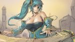  1girl aqua_hair bare_shoulders blue_eyes breasts cleavage large_breasts league_of_legends sketch sky_of_morika smile solo sona_buvelle twintails 
