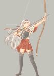  1girl absurdres arrow_(projectile) bow_(weapon) drawing_bow gloves grey_background hairband headband highres holding holding_bow_(weapon) holding_weapon japanese_clothes kantai_collection long_hair muneate pot-de shoukaku_(kancolle) silver_hair skirt thigh-highs weapon white_hair 