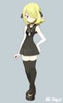  black_legwear blonde_hair elbow_gloves full_body gloves poke_ball pokemon shirona_(pokemon) short_hair souji thigh-highs white_gloves younger zettai_ryouiki 