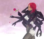  1girl blue_eyes bodysuit breasts cyborg dark_skin extra_arms flare_(shin-s) flower french long_hair metal_gear_(series) metal_gear_rising:_revengeance mistral_(metal_gear_rising) nose petals redhead rose solo translated 