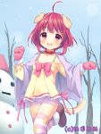  1girl :d ahoge animal_ears bare_tree casual collar dog_ears dog_tail dress hair_ornament hairclip looking_at_viewer mittens open_mouth original panties red_eyes redhead see-through short_hair smile snowman solo standing_on_one_leg striped striped_legwear tail thigh-highs tree underwear usashiro_mani yellow_dress 