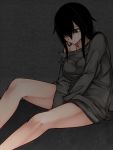  1girl against_wall aoshima bare_legs between_legs black_eyes black_hair black_shirt breasts collarbone commentary dark expressionless hair_over_one_eye hand_between_legs highres large_breasts looking_down original payot shirt_slip short_hair sitting 