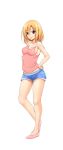  1girl blonde_hair breasts brown_eyes denim denim_shorts fct full_body hand_on_hip highres legs long_hair parted_lips short_shorts shorts sideboob simple_background solo thighs white_background 